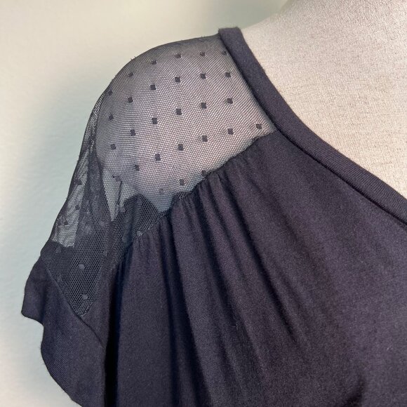 SOPRANO Black Sheer Polka Dot Mesh Panel Short Sleeve Top Size Large - Picture 2 of 9
